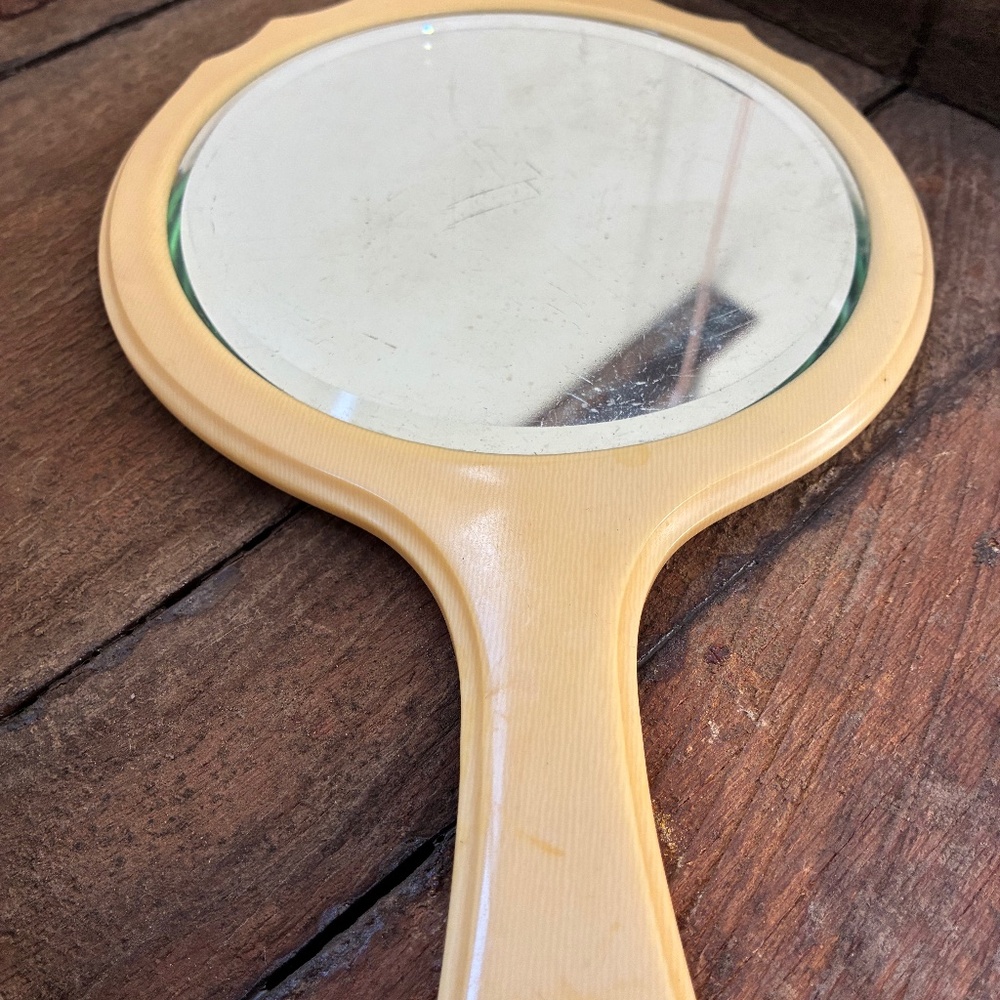 Vintage Fairfax French Ivory Color Art Deco Celluloid Vanity Hand Mirror